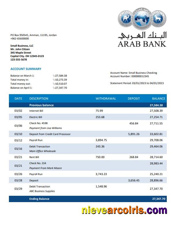 Arab Bank organization checking account statement